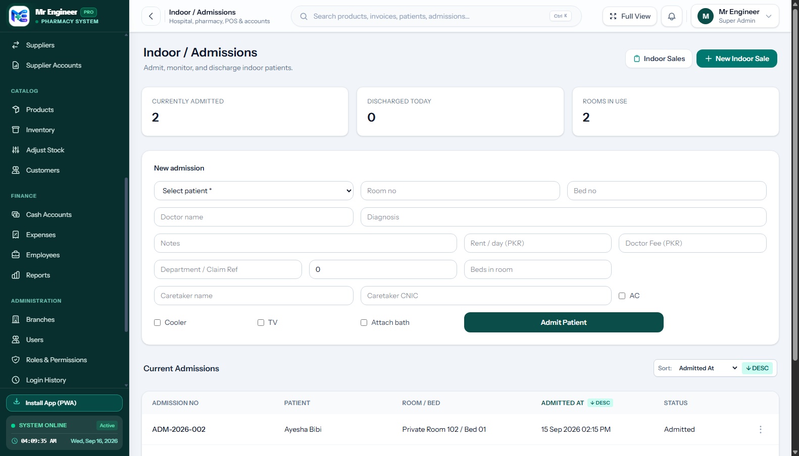 Mr. Engineer Hospital IPD Patient Admissions, Wards, Beds, and Clinical Pharmacy Billing